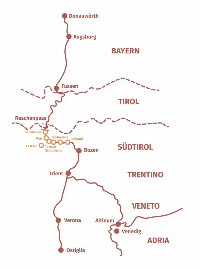 Karte zur historischen Via Claudia Augusta